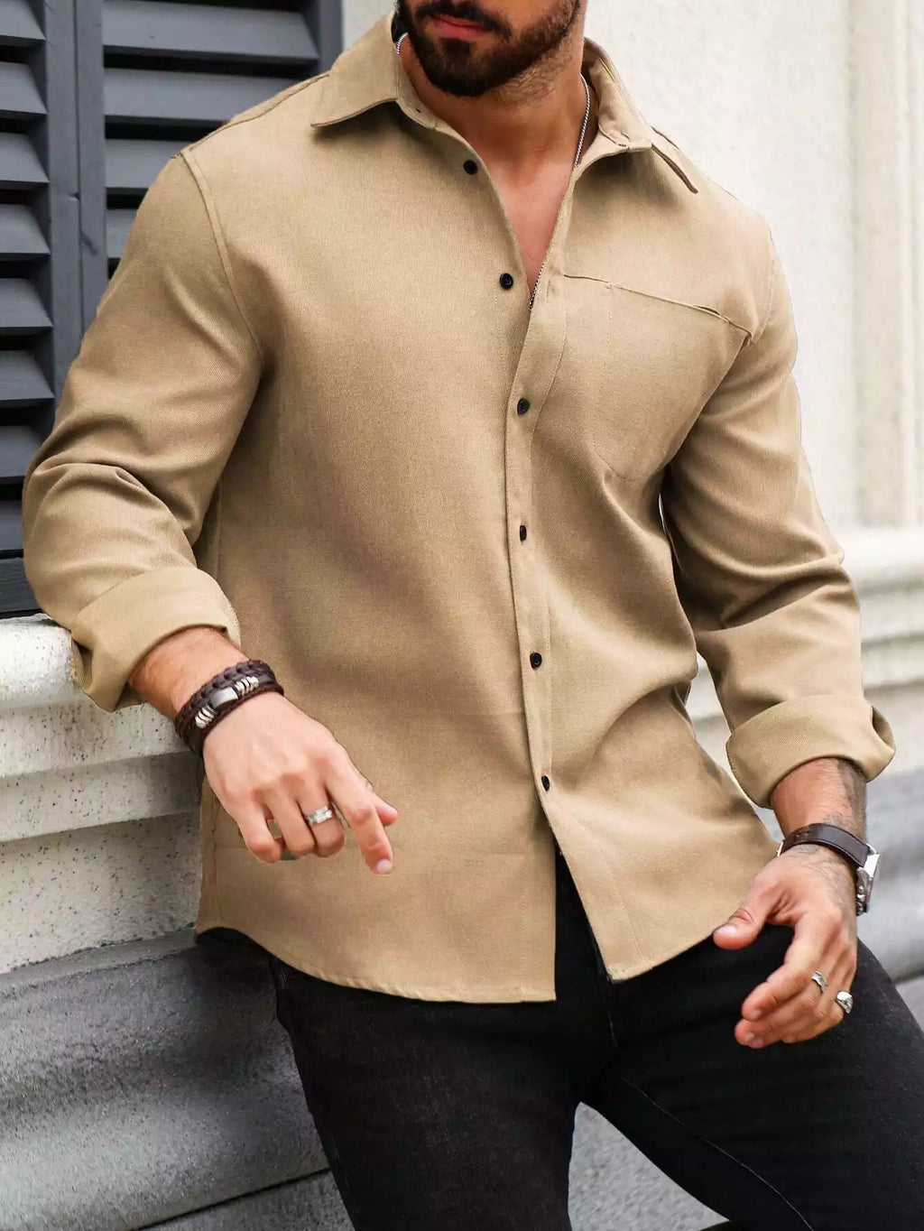 Men Spring And Summer Solid Color Loose Casual Long-Sleeved Shirt Khaki Color - XPST