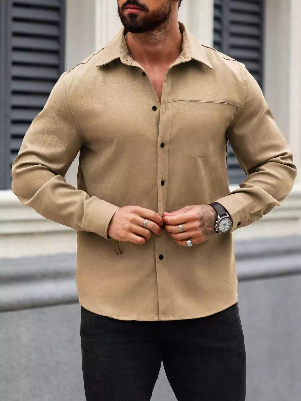 Men Spring And Summer Solid Color Loose Casual Long-Sleeved Shirt Khaki Color - XPST