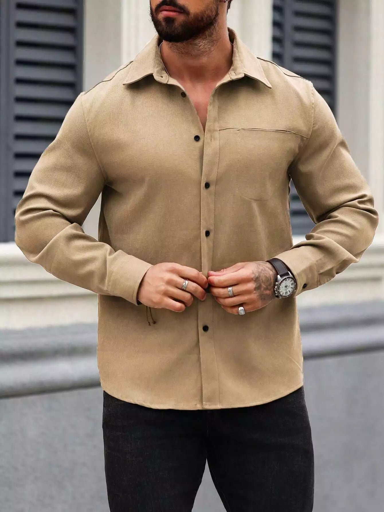 Men Spring And Summer Solid Color Loose Casual Long-Sleeved Shirt Khaki Color - XPST
