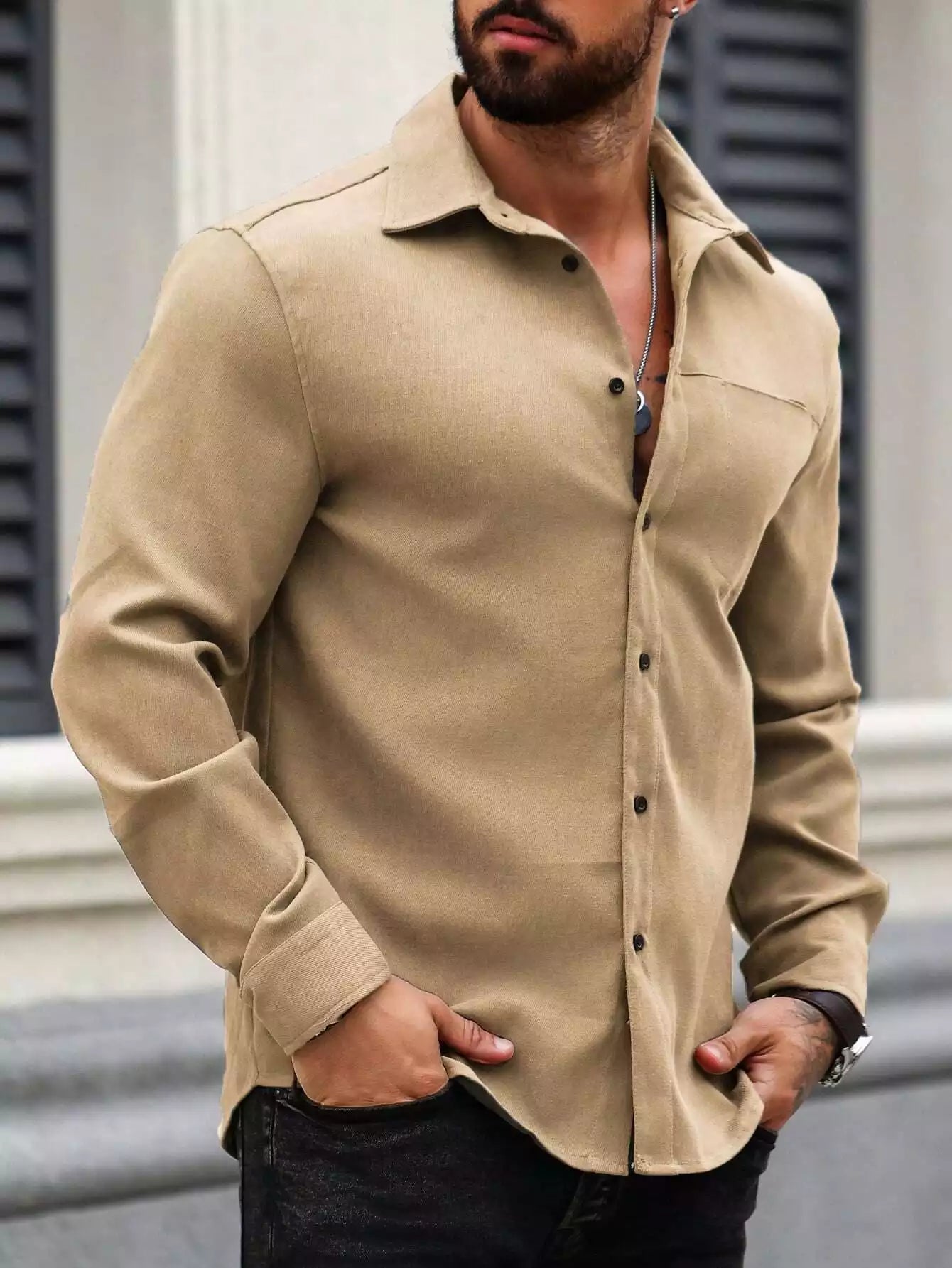 Men Spring And Summer Solid Color Loose Casual Long-Sleeved Shirt Khaki Color - XPST