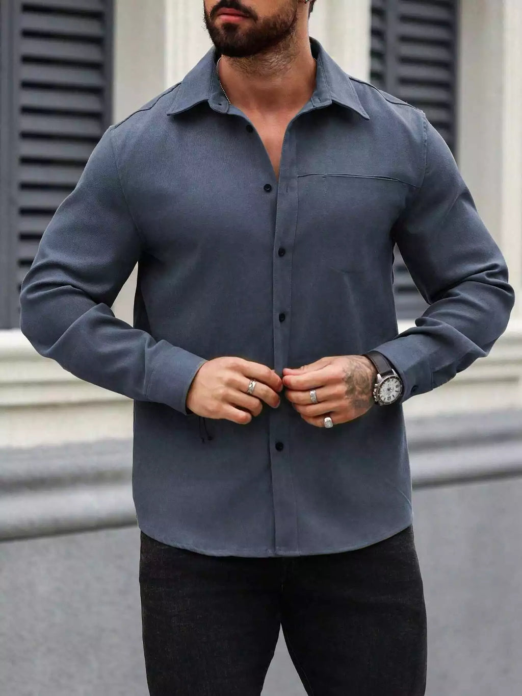 Men Spring And Summer Solid Color Loose Casual Long-Sleeved Shirt Navy Blue Color - XPST