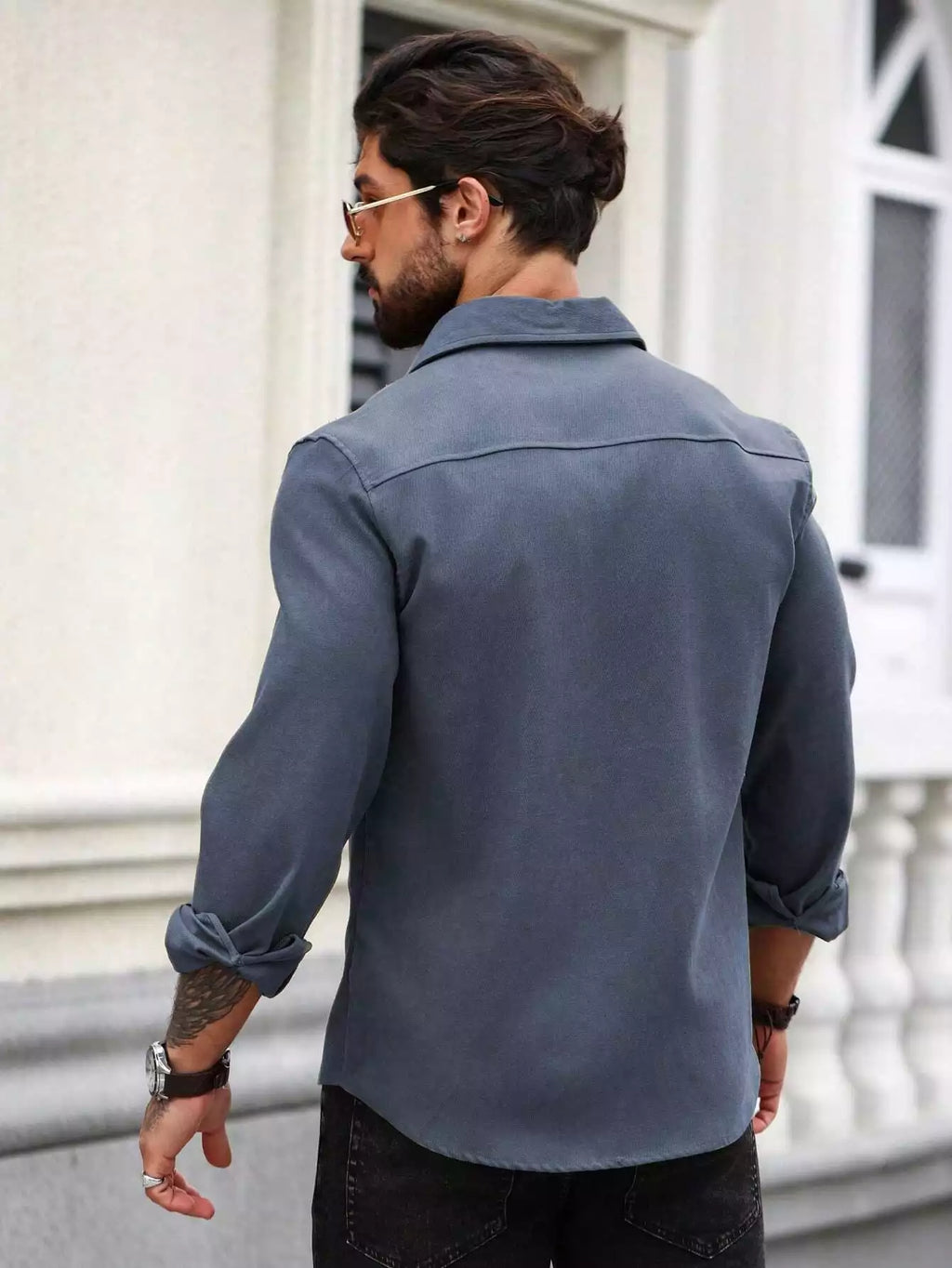 Men Spring And Summer Solid Color Loose Casual Long-Sleeved Shirt Navy Blue Color - XPST