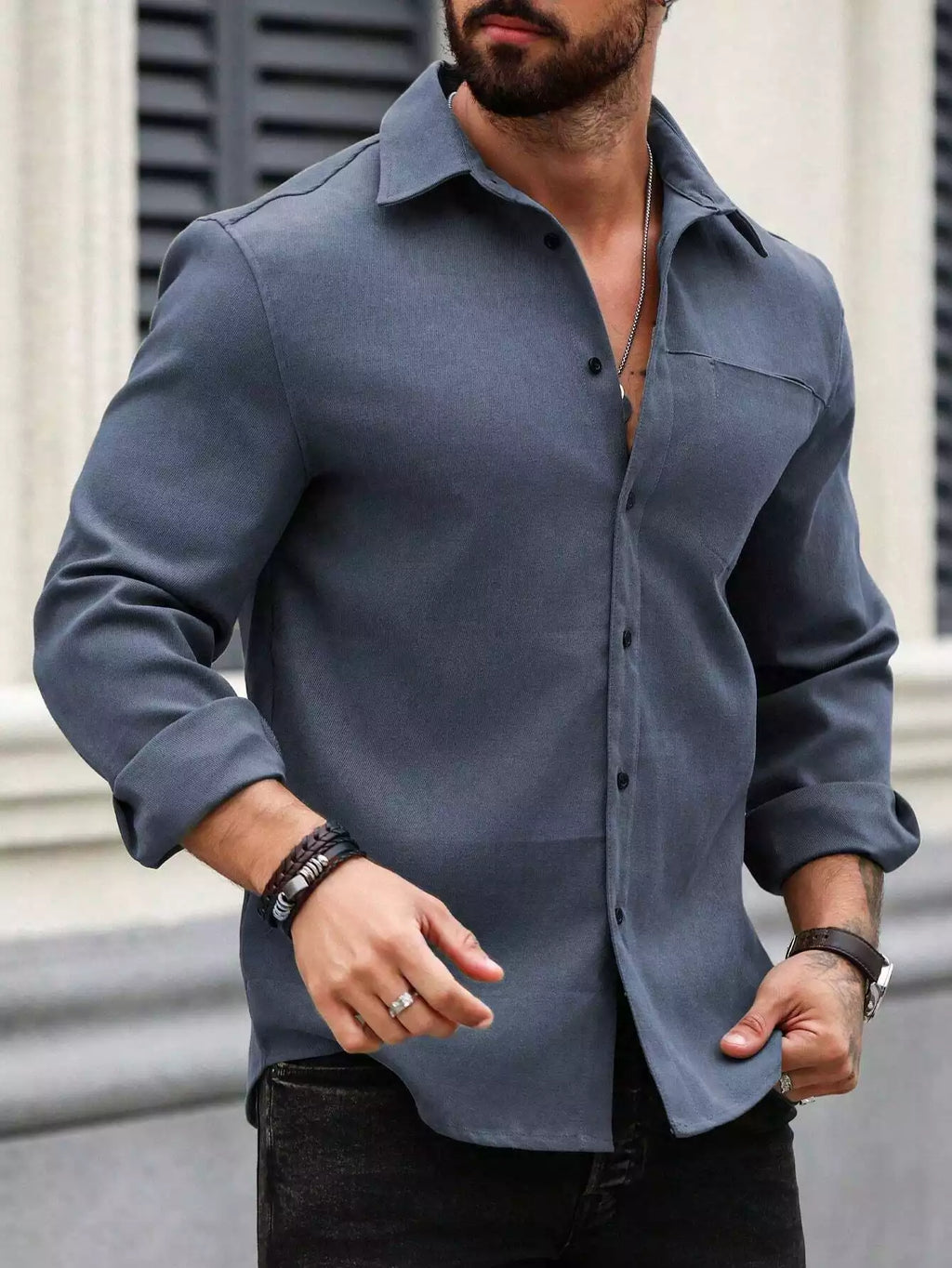 Men Spring And Summer Solid Color Loose Casual Long-Sleeved Shirt Navy Blue Color - XPST