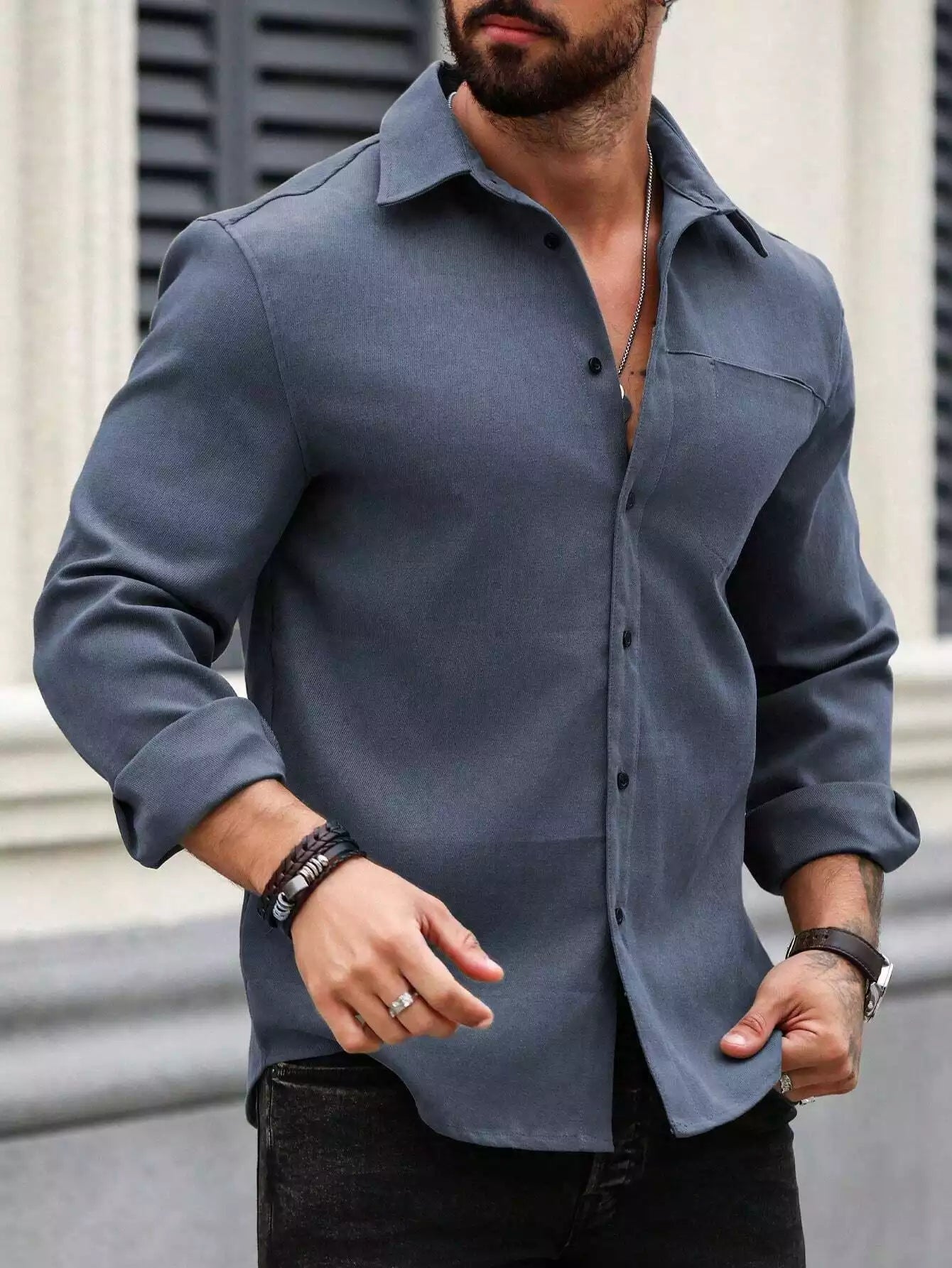 Men Spring And Summer Solid Color Loose Casual Long-Sleeved Shirt Navy Blue Color - XPST