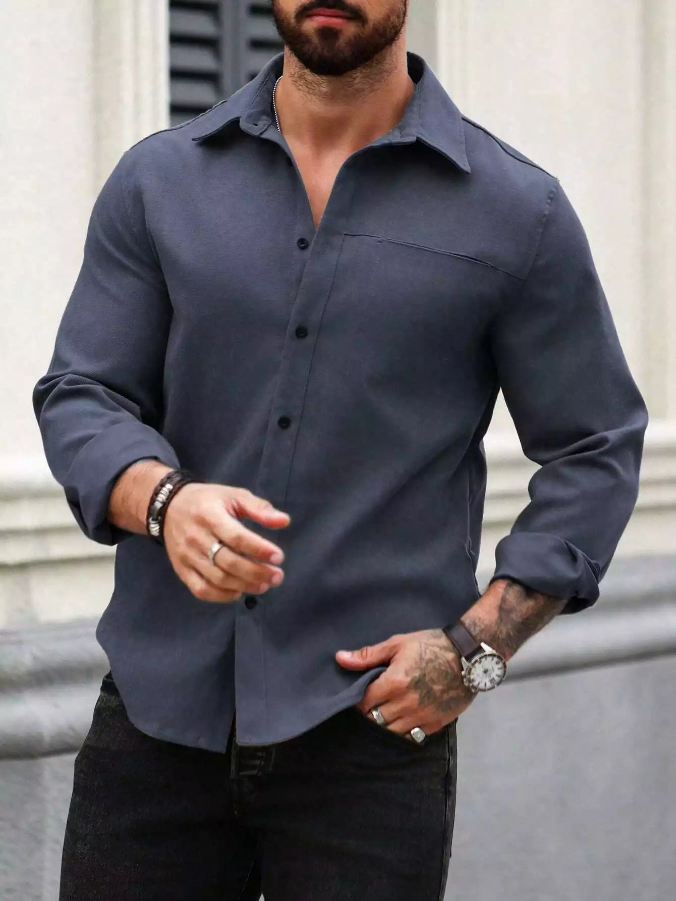 Men Spring And Summer Solid Color Loose Casual Long-Sleeved Shirt Navy Blue Color - XPST