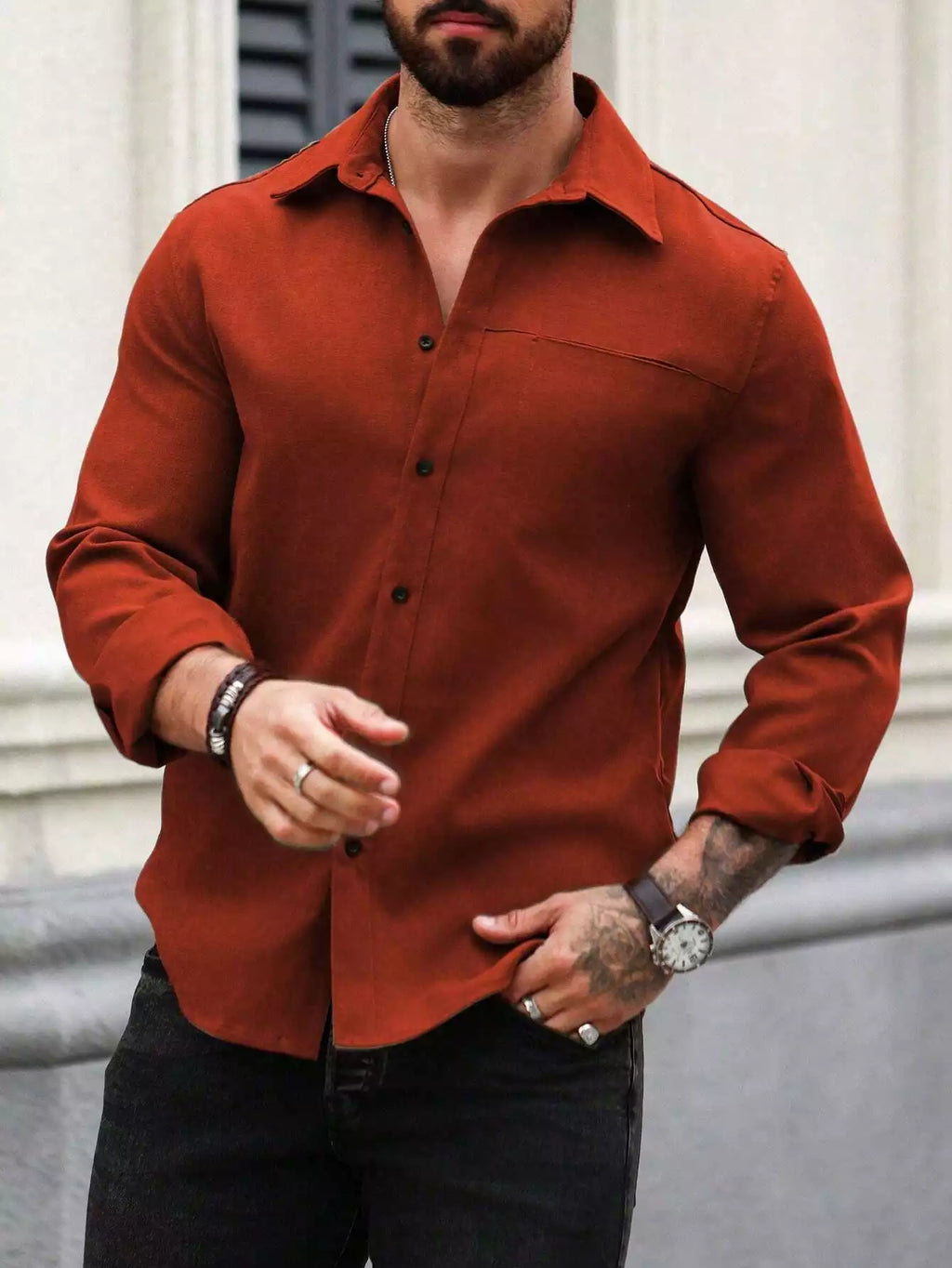 Men Spring And Summer Solid Color Loose Casual Long-Sleeved Shirt Orange Color - XPST