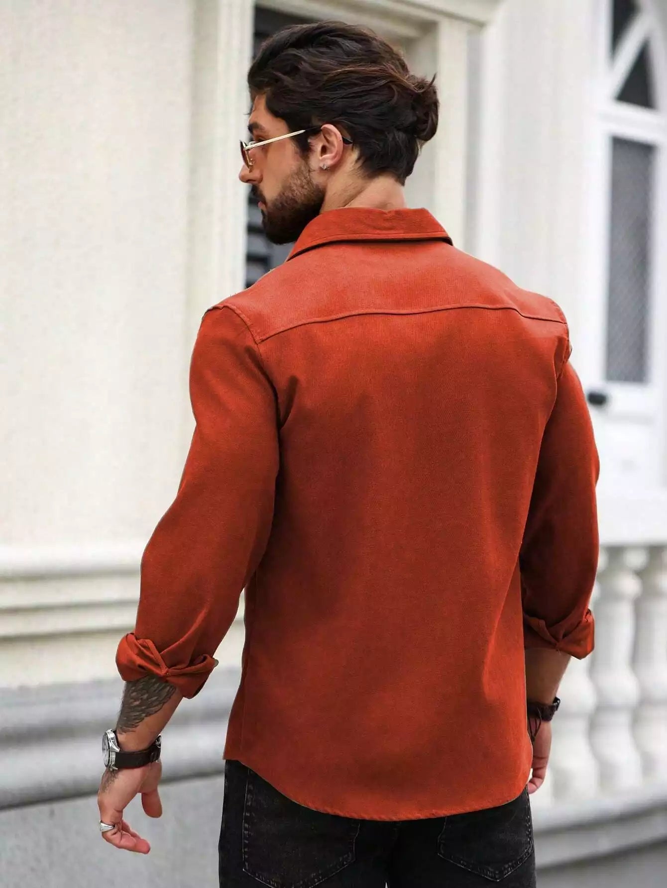 Men Spring And Summer Solid Color Loose Casual Long-Sleeved Shirt Orange Color - XPST