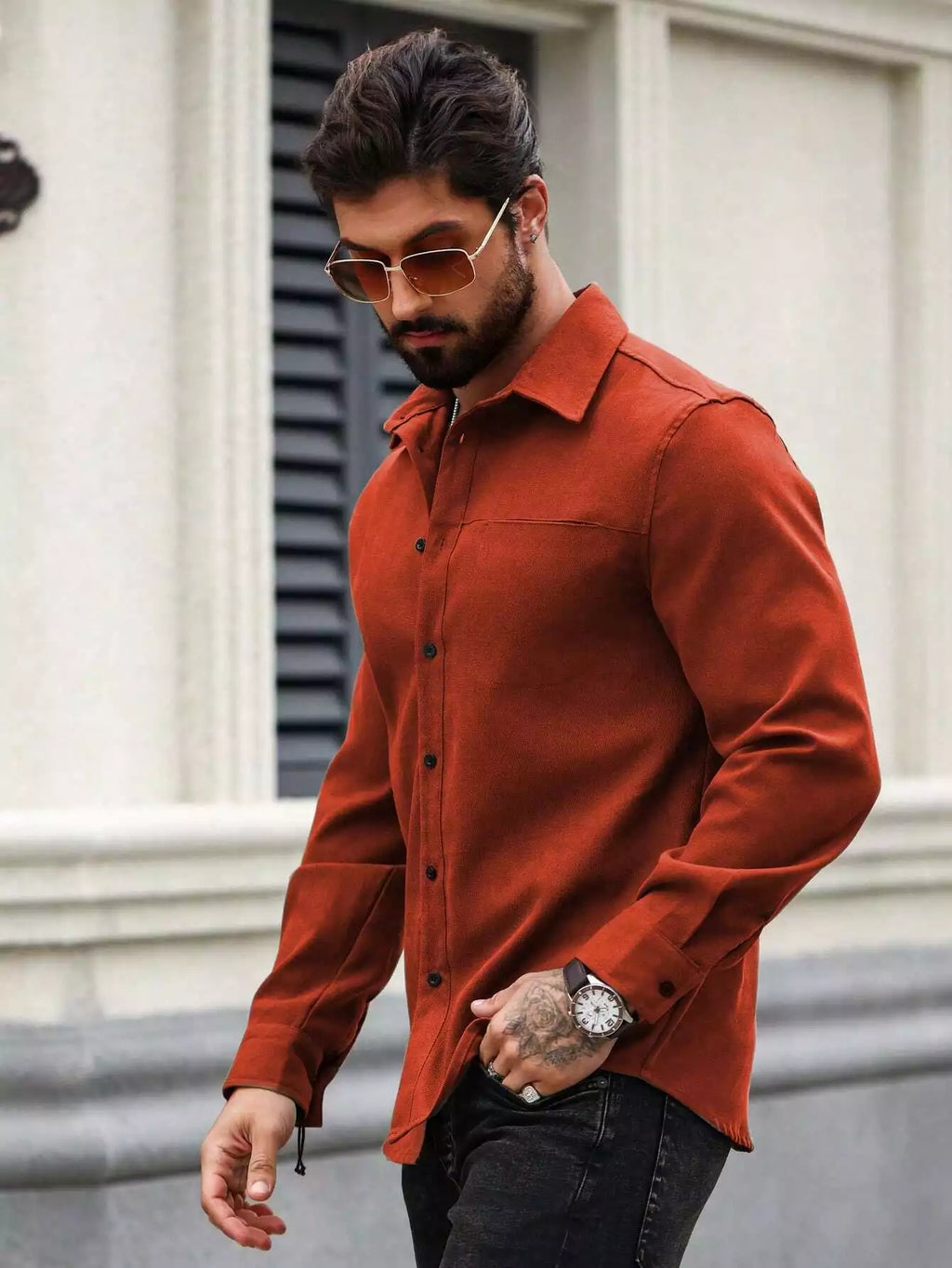 Men Spring And Summer Solid Color Loose Casual Long-Sleeved Shirt Orange Color - XPST