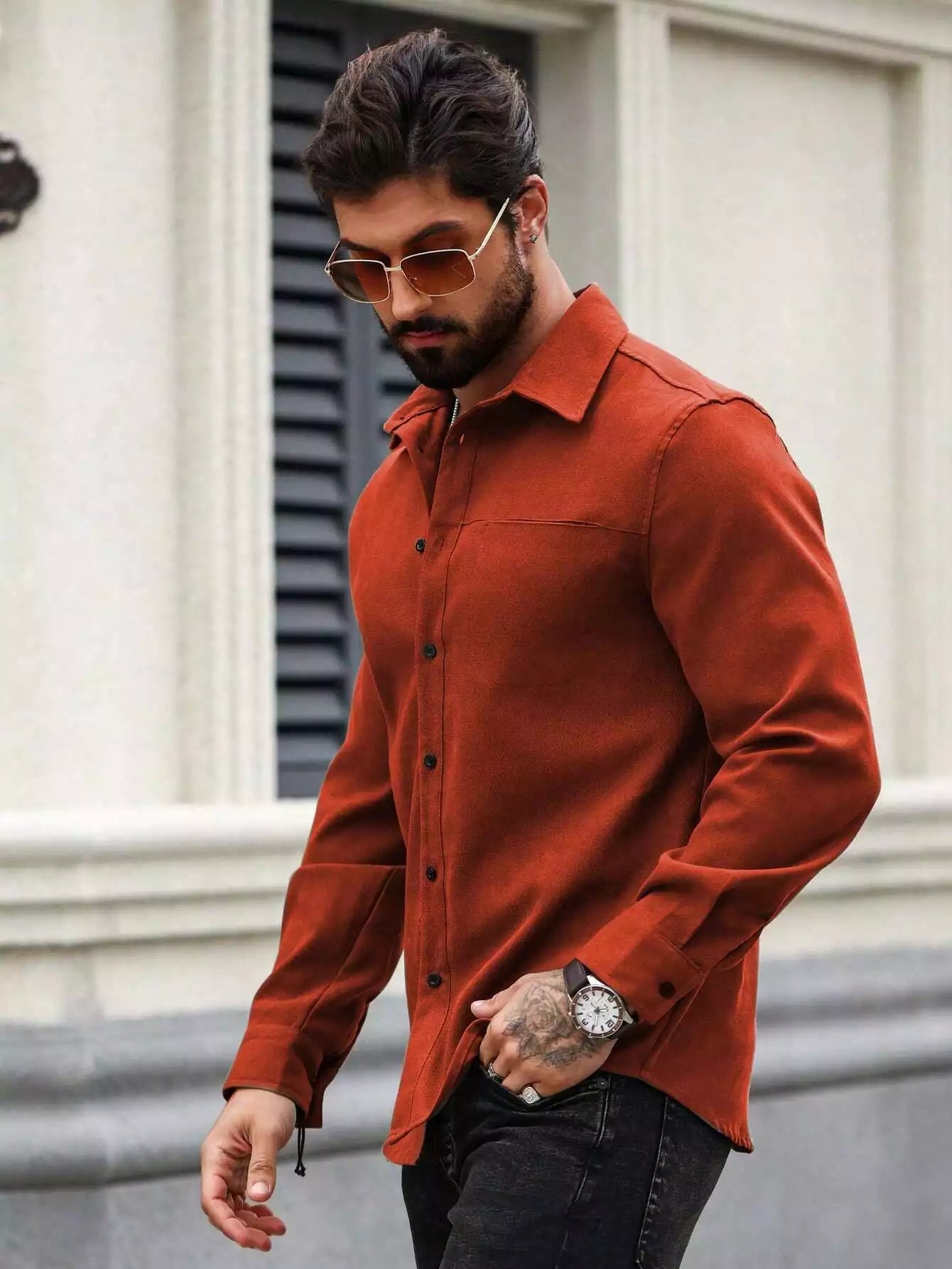 Men Spring And Summer Solid Color Loose Casual Long-Sleeved Shirt Orange Color - XPST
