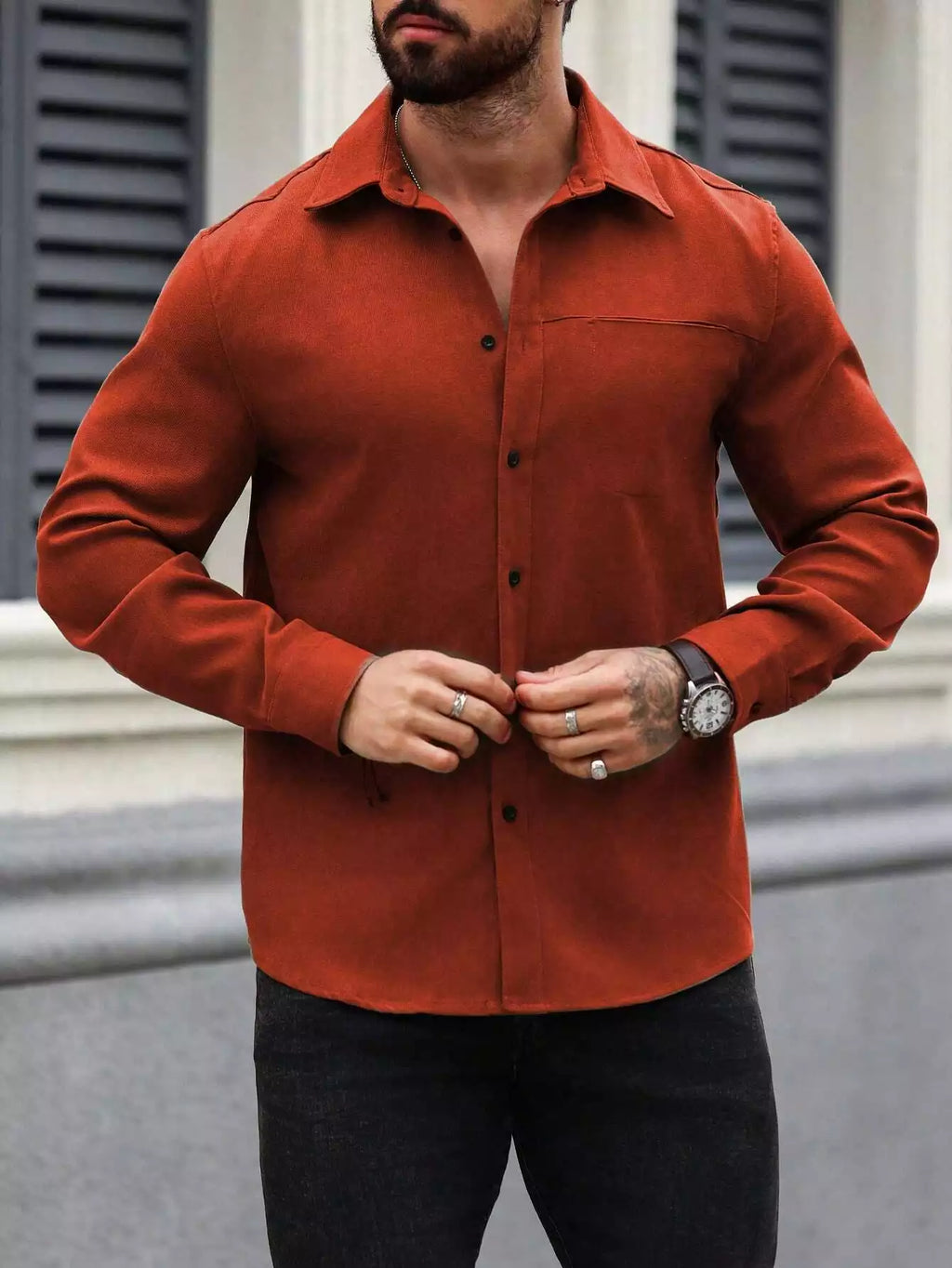Men Spring And Summer Solid Color Loose Casual Long-Sleeved Shirt Orange Color - XPST