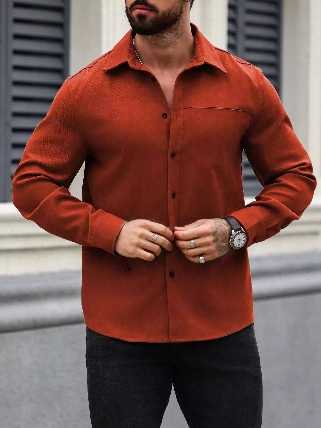 Men Spring And Summer Solid Color Loose Casual Long-Sleeved Shirt Orange Color - XPST