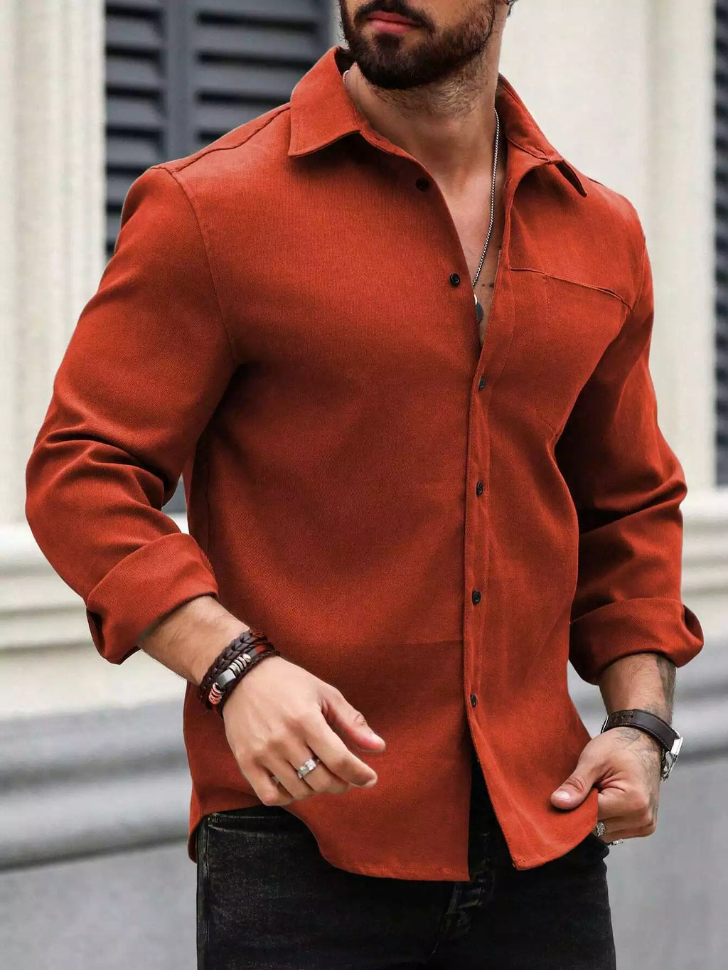 Men Spring And Summer Solid Color Loose Casual Long-Sleeved Shirt Orange Color - XPST