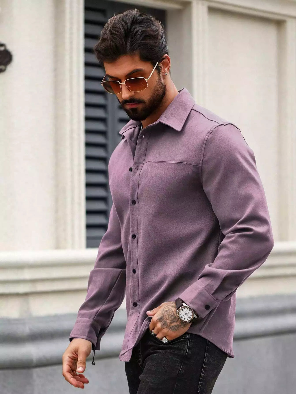 Men Spring And Summer Solid Color Loose Casual Long-Sleeved Shirt Purple Color - XPST