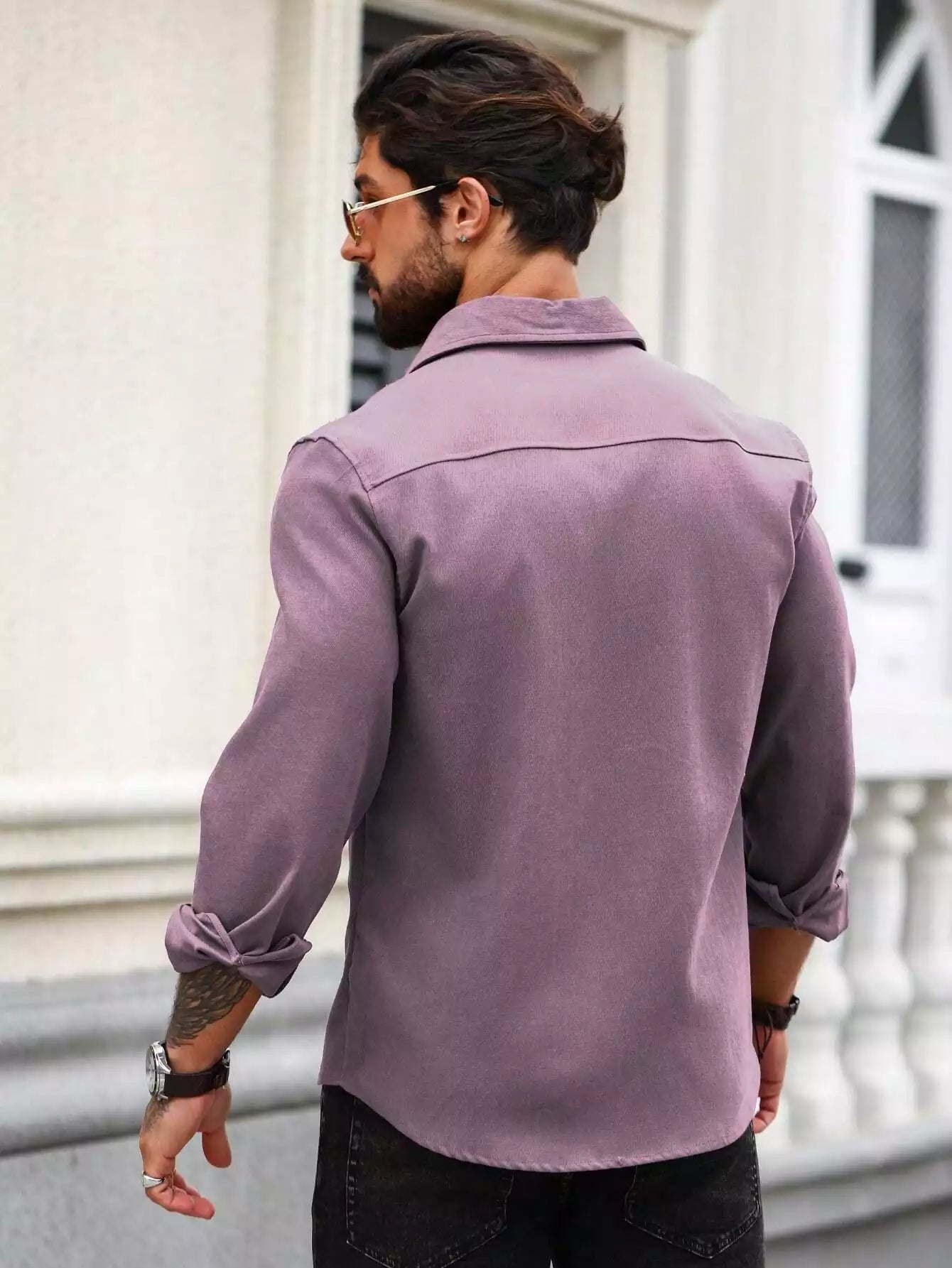 Men Spring And Summer Solid Color Loose Casual Long-Sleeved Shirt Purple Color - XPST