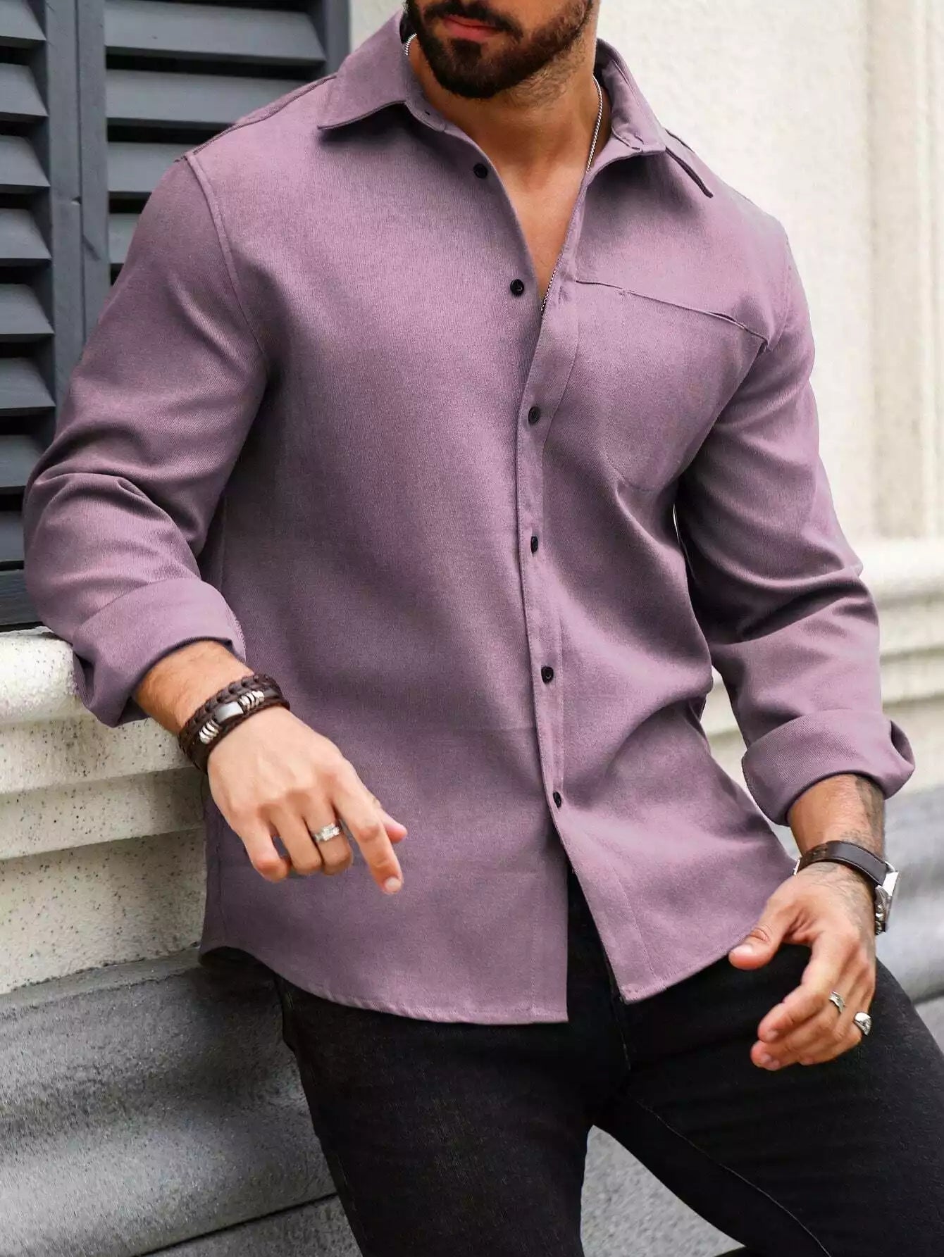 Men Spring And Summer Solid Color Loose Casual Long-Sleeved Shirt Purple Color - XPST