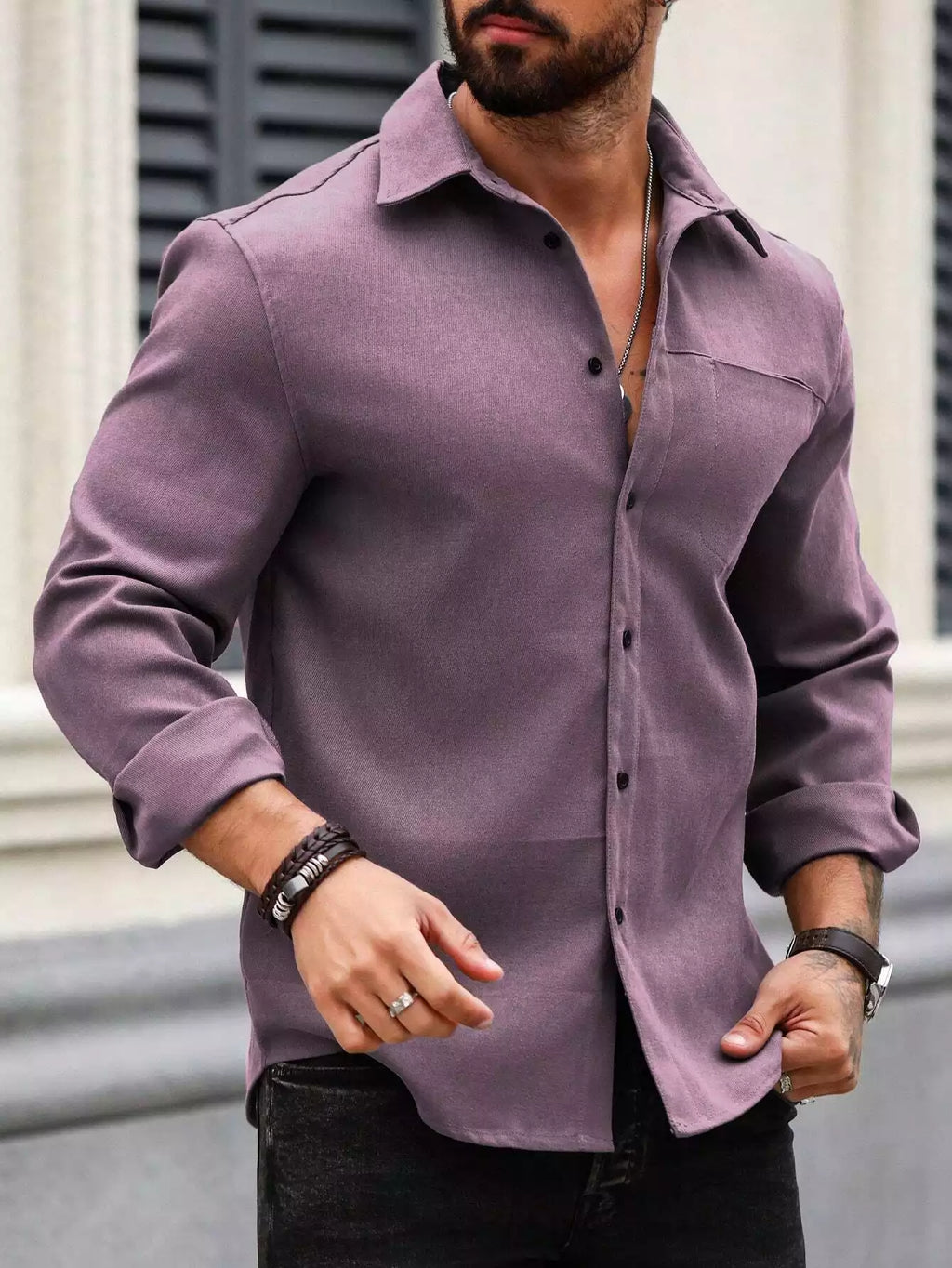 Men Spring And Summer Solid Color Loose Casual Long-Sleeved Shirt Purple Color - XPST