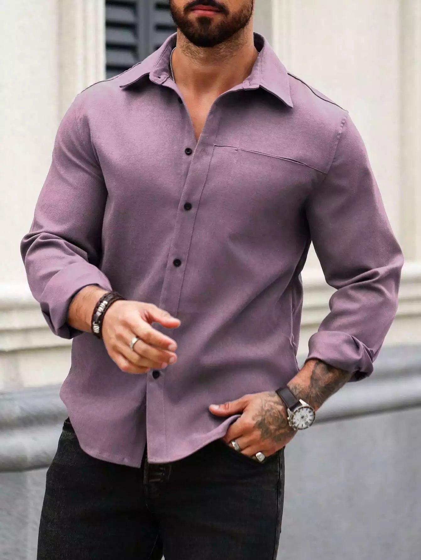 Men Spring And Summer Solid Color Loose Casual Long-Sleeved Shirt Purple Color - XPST