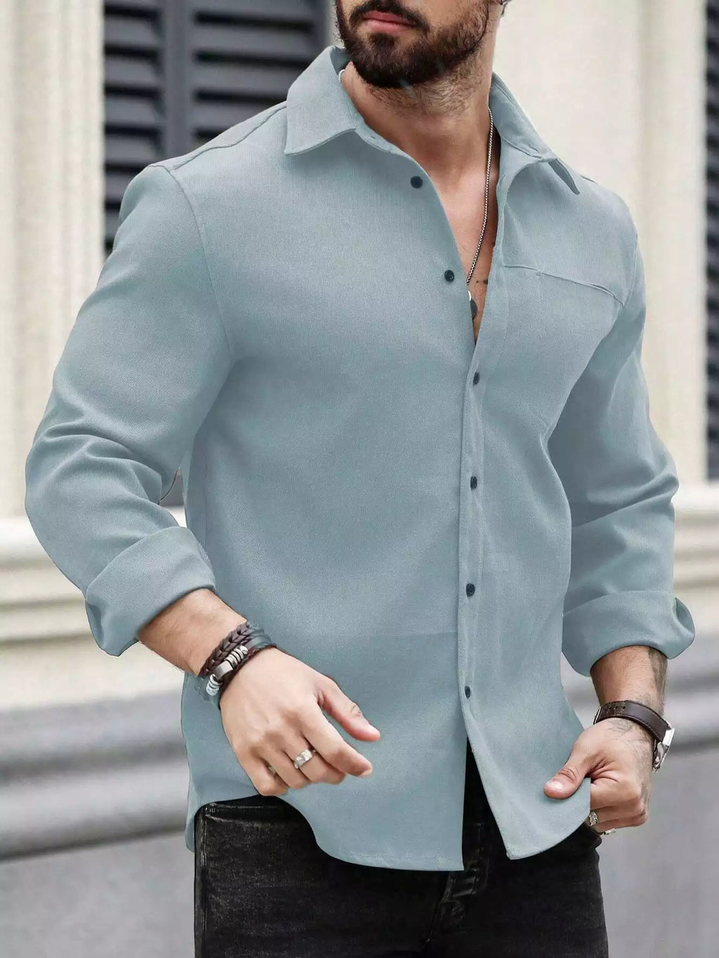 Men Spring And Summer Solid Color Loose Casual Long-Sleeved Shirt Sky Blue Color - XPST