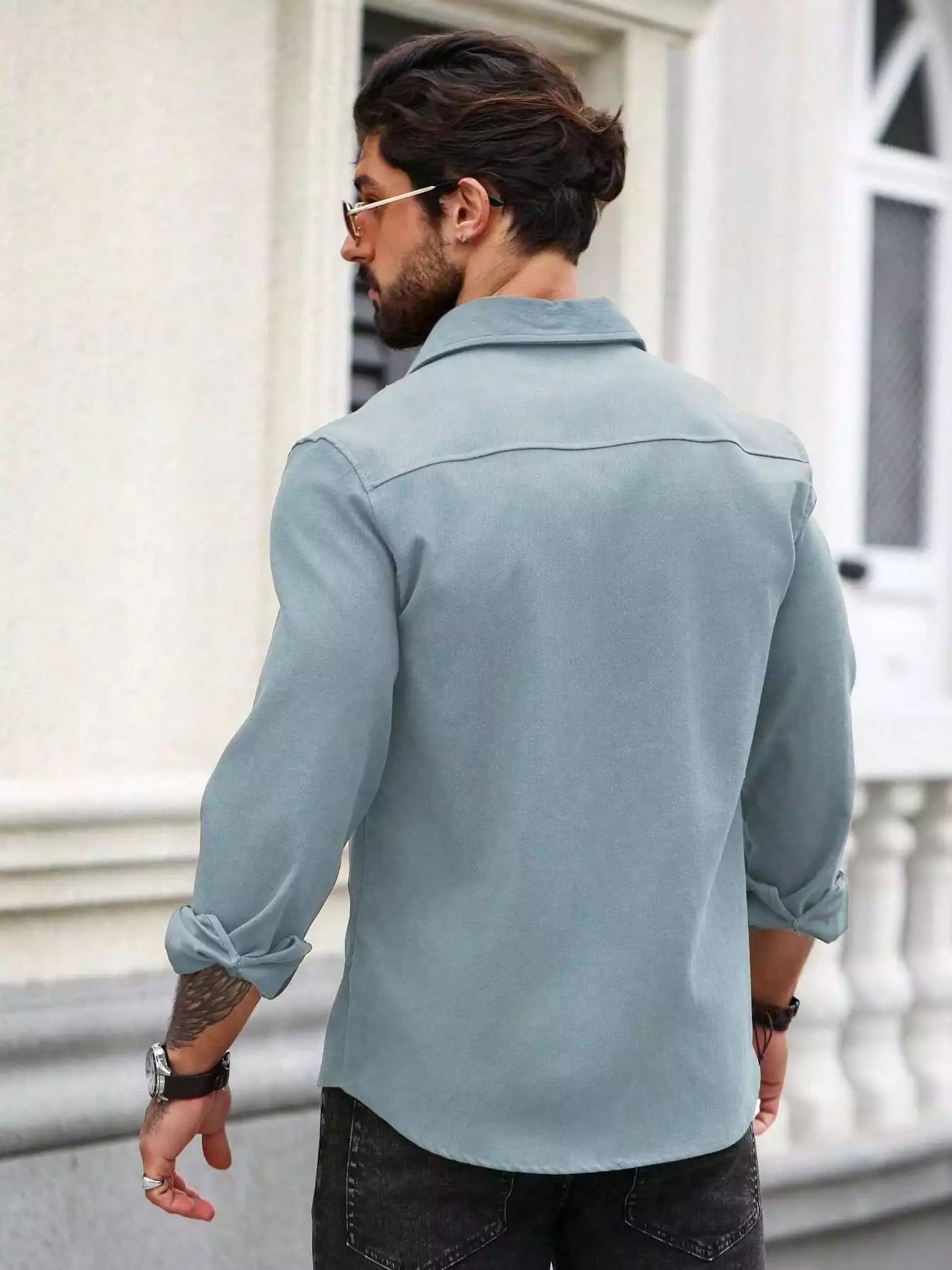Men Spring And Summer Solid Color Loose Casual Long-Sleeved Shirt Sky Blue Color - XPST