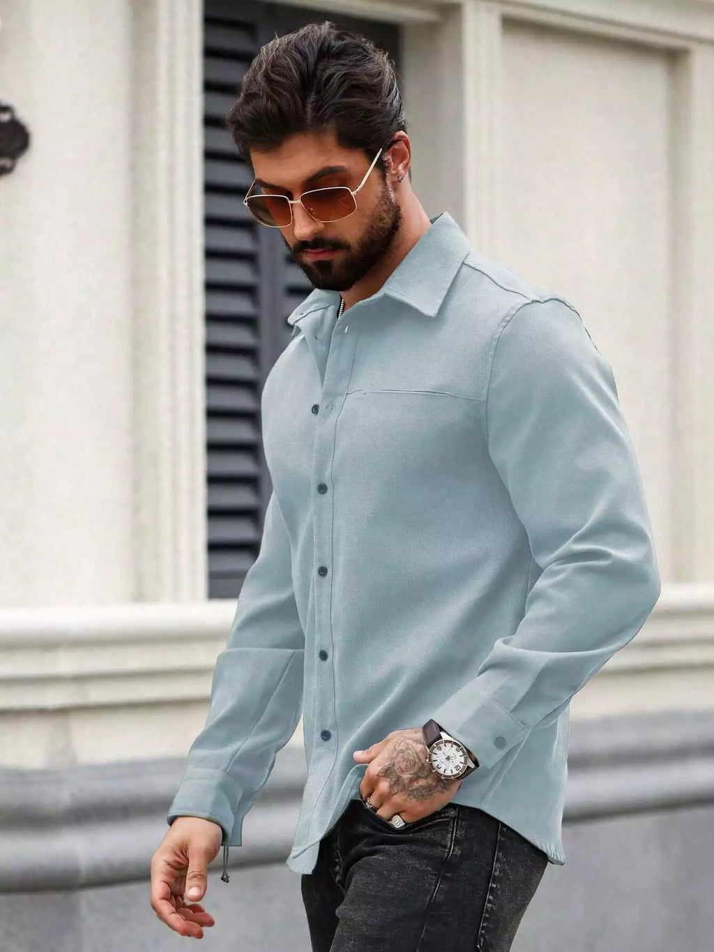 Men Spring And Summer Solid Color Loose Casual Long-Sleeved Shirt Sky Blue Color - XPST