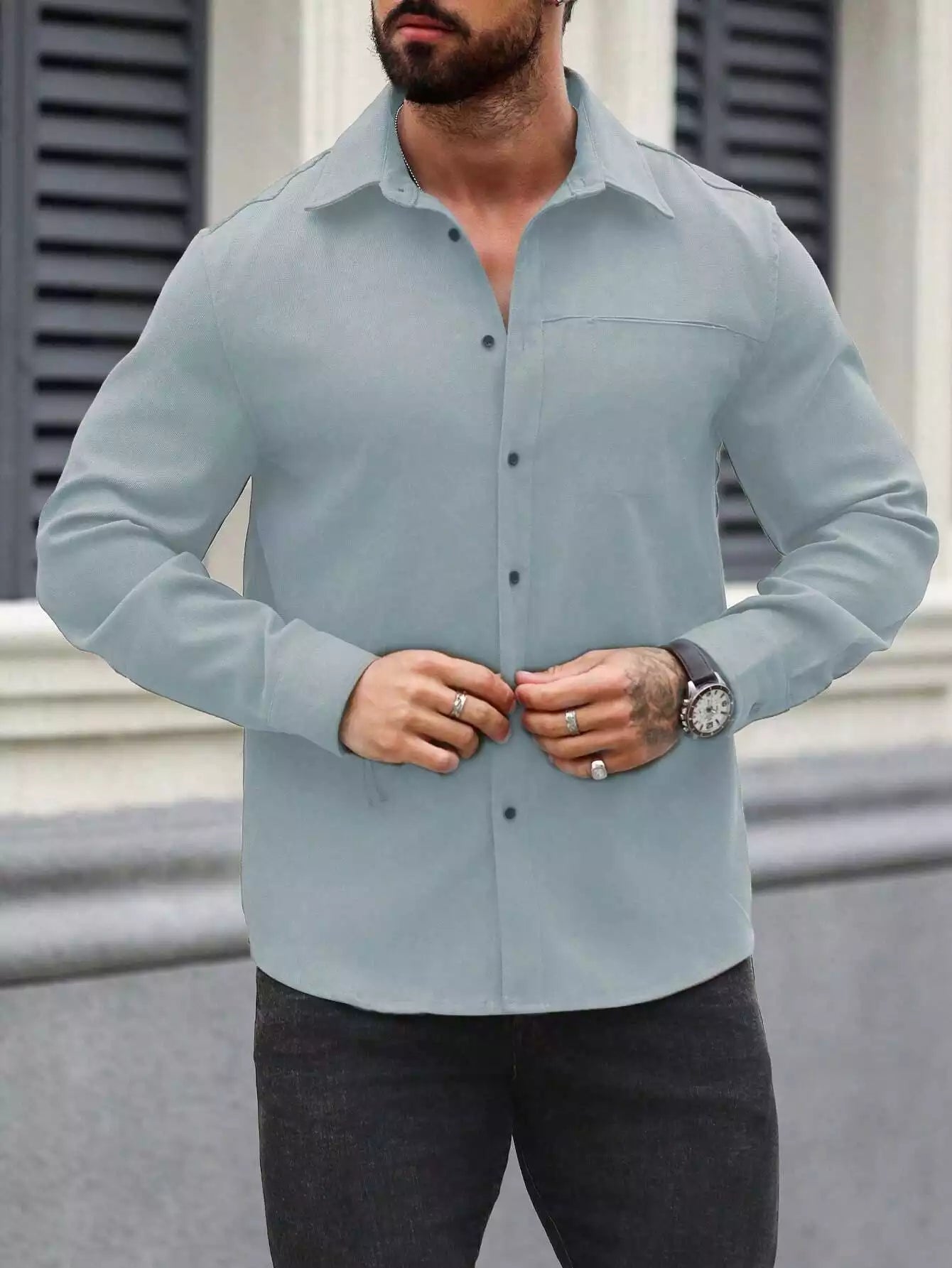 Men Spring And Summer Solid Color Loose Casual Long-Sleeved Shirt Sky Blue Color - XPST
