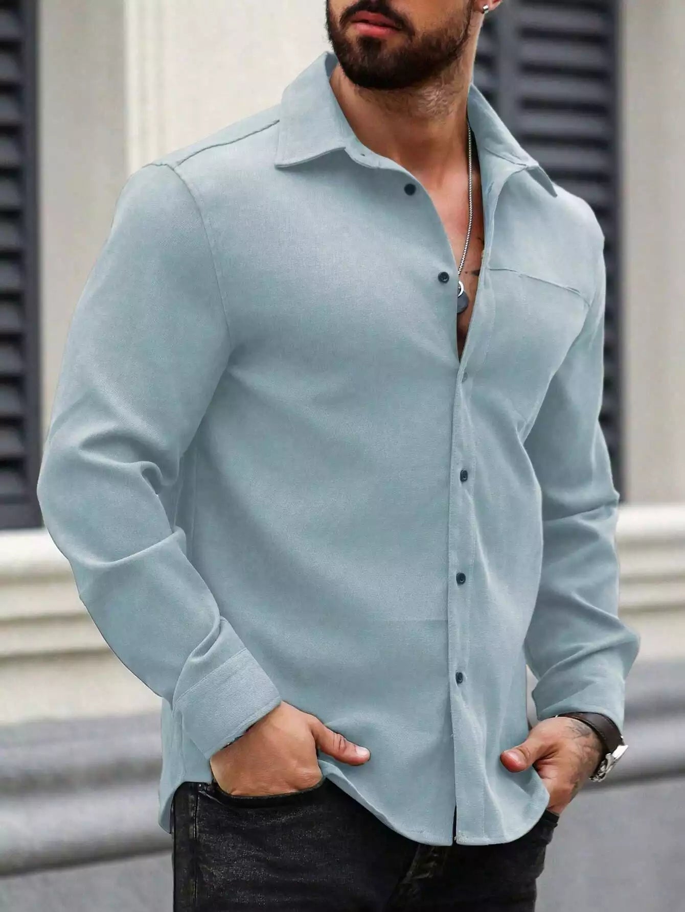 Men Spring And Summer Solid Color Loose Casual Long-Sleeved Shirt Sky Blue Color - XPST
