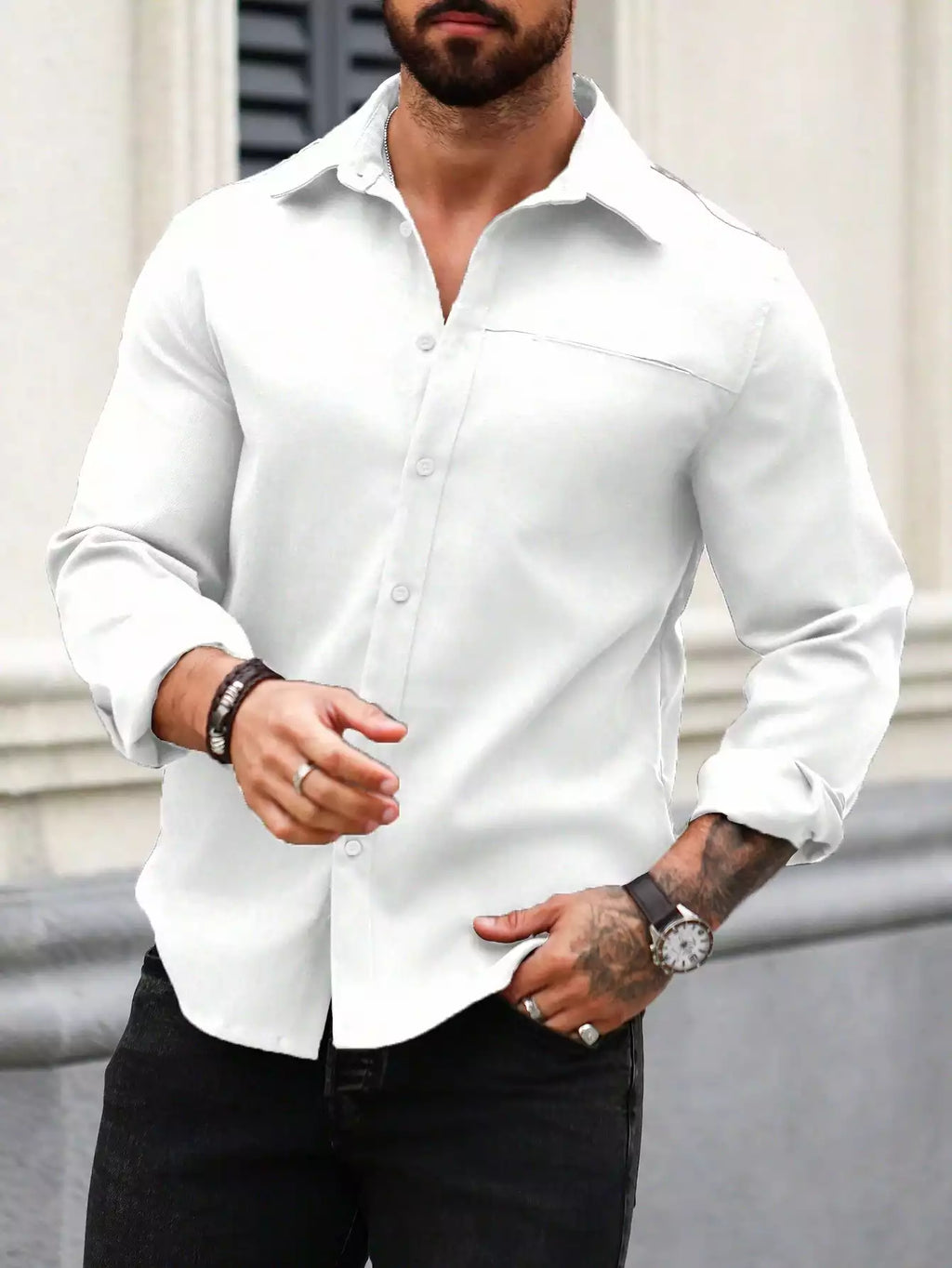 Men Spring And Summer Solid Color Loose Casual Long-Sleeved Shirt White Color - XPST