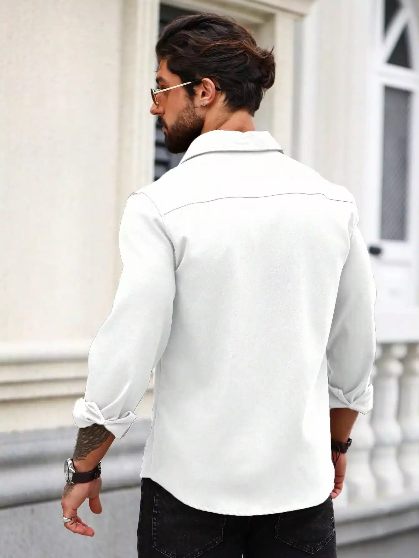 Men Spring And Summer Solid Color Loose Casual Long-Sleeved Shirt White Color - XPST