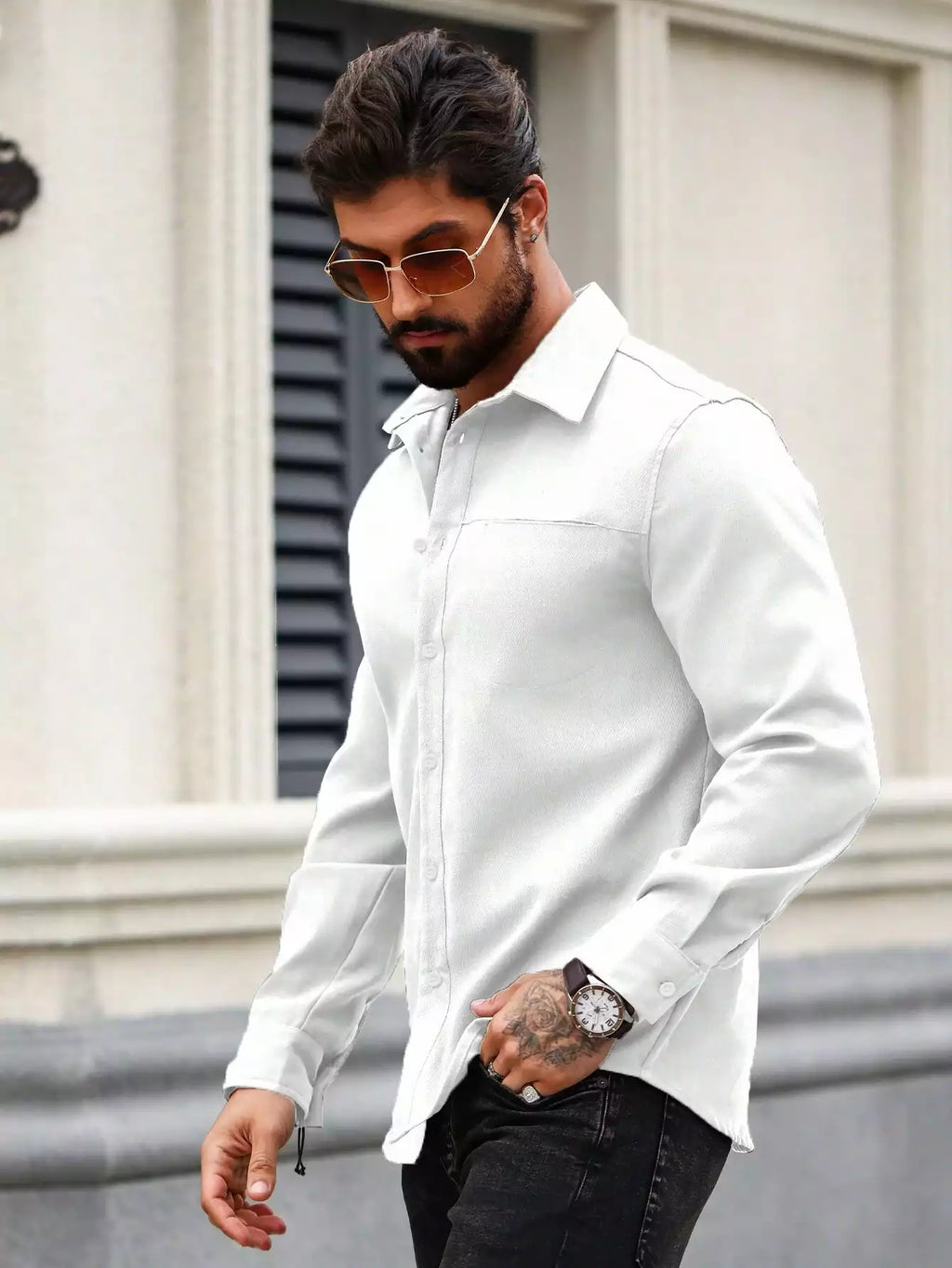 Men Spring And Summer Solid Color Loose Casual Long-Sleeved Shirt White Color - XPST