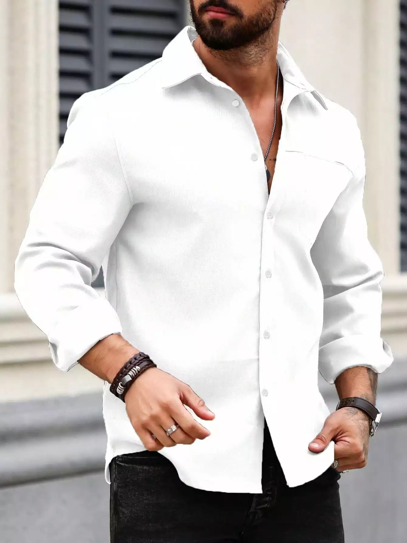Men Spring And Summer Solid Color Loose Casual Long-Sleeved Shirt White Color - XPST