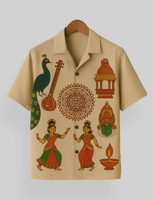 Festival Printed Mens Relaxed Cotton Shirt Short Sleeves - XPST