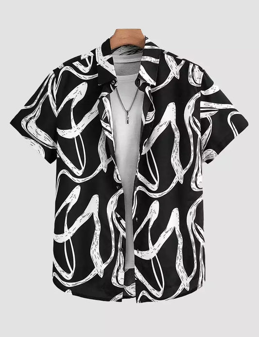 White Abstract on Black Design Mens Half Sleeve Cotton Shirt