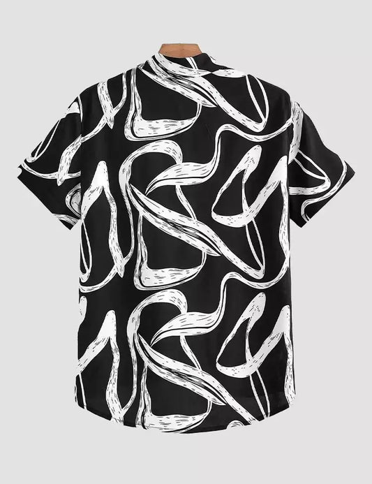 White Abstract on Black Design Mens Half Sleeve Cotton Shirt