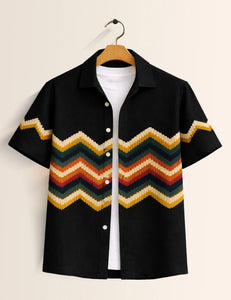 Black Zigzag Printed Boys Half Sleeves Shirts - XPST