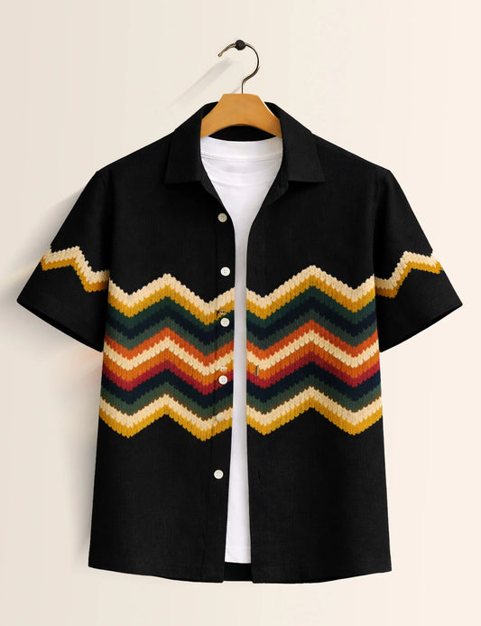 Black Zigzag Printed Boys Half Sleeves Shirts - XPST