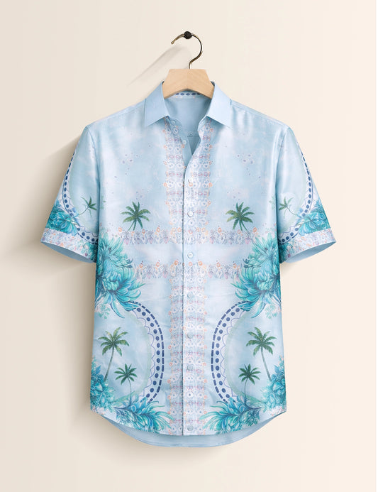 Blue Flowery Mens Classic Half Sleeves Shirt - XPST