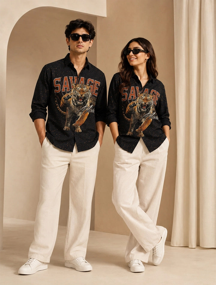 Black Tiger Printed His & Hers Unisex Shirt