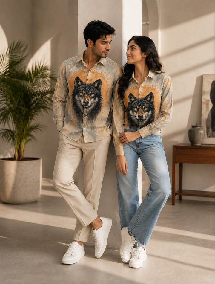 Cream Wolf Printed His & Hers Unisex Shirt
