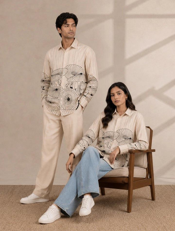 Cream Umbrella Printed His & Hers Unisex Shirt