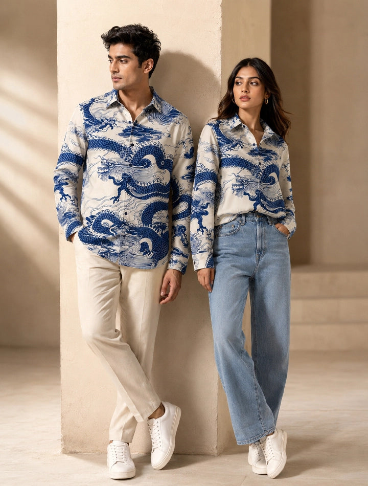 White Dragon Printed His & Hers Unisex Shirt