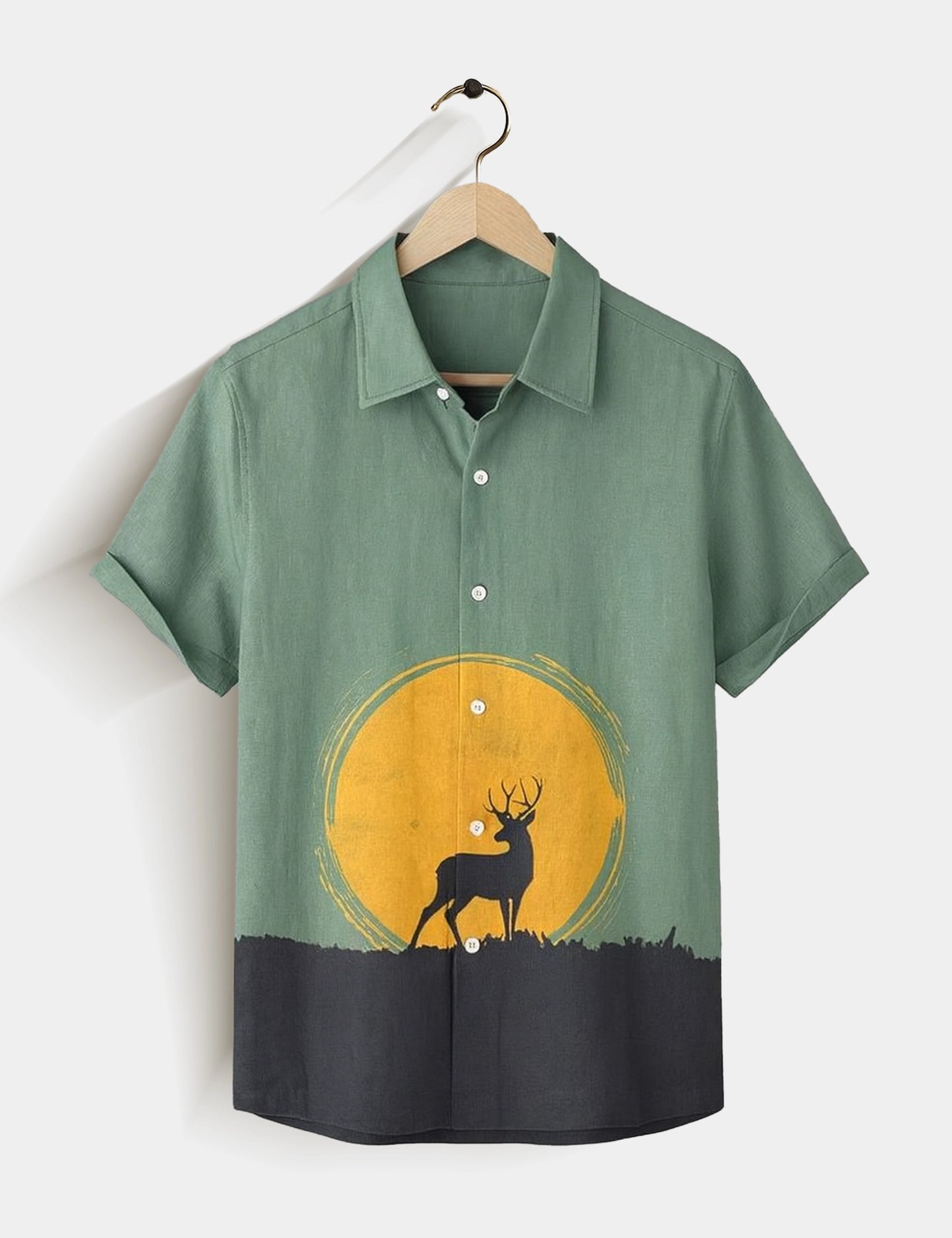 Deer and Yellow Moon Printed Essential Everyday Cotton Shirt for Men - XPST