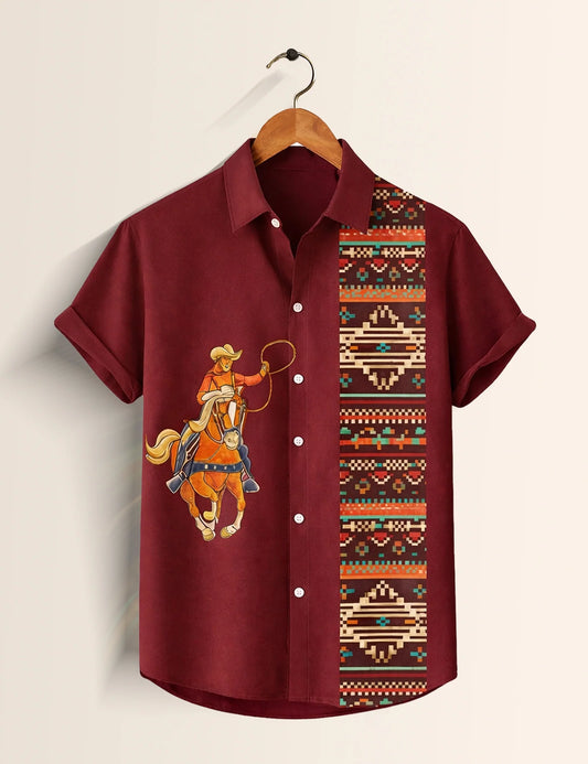 Maroon Horse Printed Boys Half Sleeves Shirts - XPST