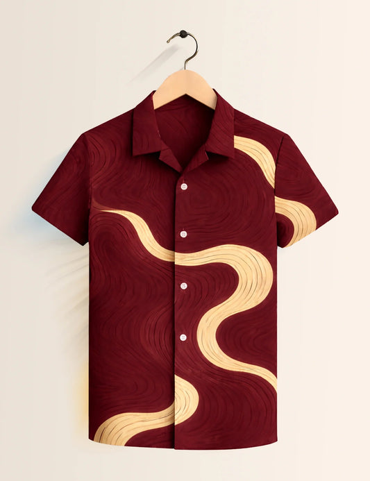 Maroon Wavy Printed Boys Half Sleeves Shirts - XPST