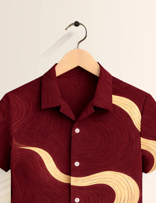 Maroon Wavy Printed Boys Half Sleeves Shirts - XPST