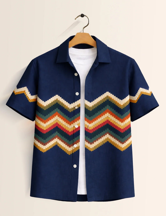 Navy ZigZag Printed Boys Half Sleeves Shirts - XPST