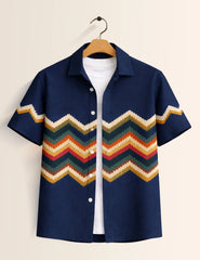 Navy ZigZag Printed Boys Half Sleeves Shirts - XPST