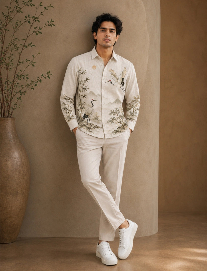 Cream Bird Street Style Men’s Premium Full-Sleeve Shirt - XPST