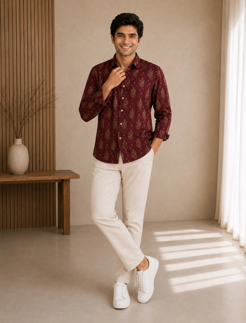 Maroon Leaves Street Style Men’s Premium Full-Sleeve Shirt - XPST
