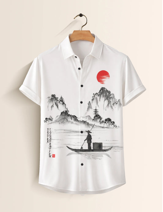 White Drawing Mens Classic Half Sleeves Shirt - XPST