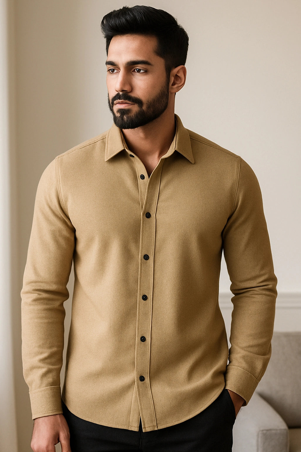 Men Spring And Summer Solid Color Loose Casual Long-Sleeved Shirt Apricot Color